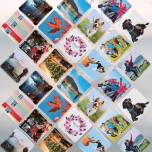 Set van 5 gepersonaliseerde vierkante koelkastmagneten met eigen foto.